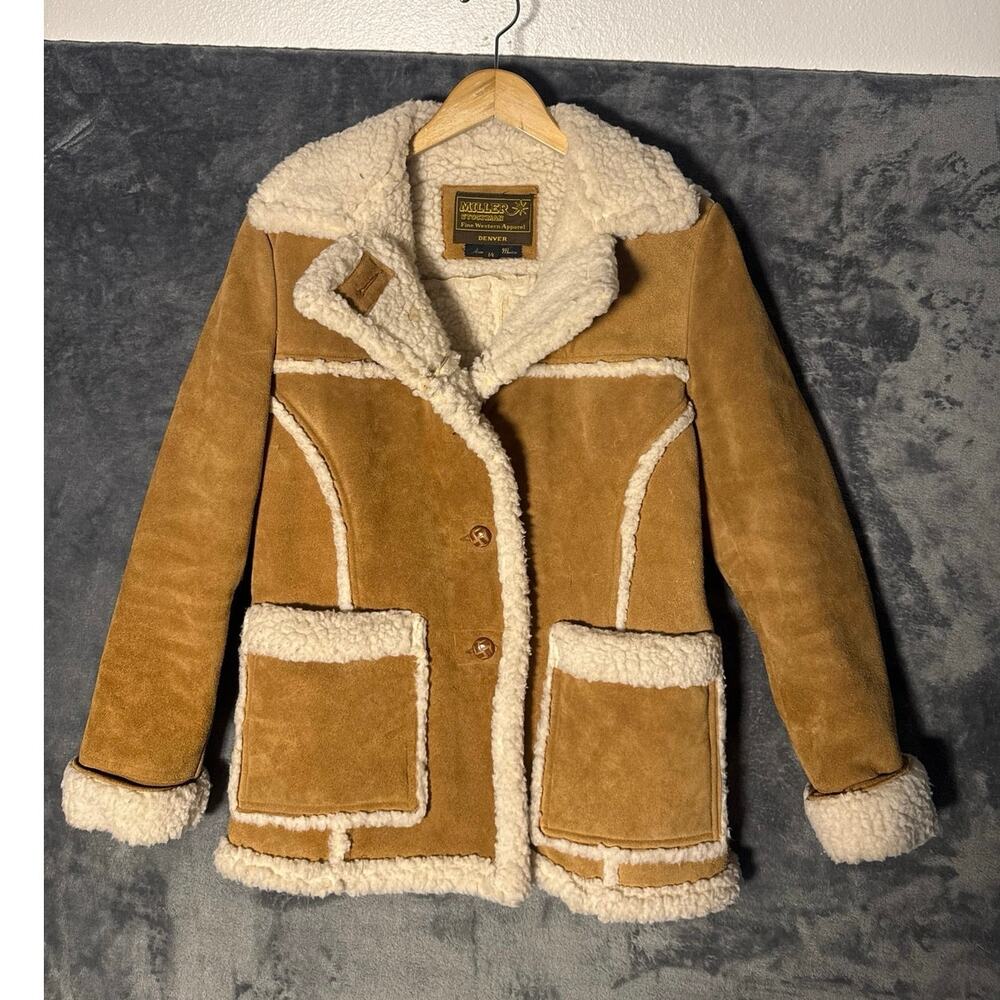 Vtg 70s Miller Stockman Suede Sherpa Rancher Jacket Tobacco Tan Womens Medium 14